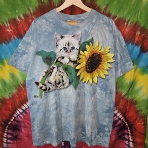 Vintage The Mountain 2000 Light Blue Kitten On The Sunflower Tee L